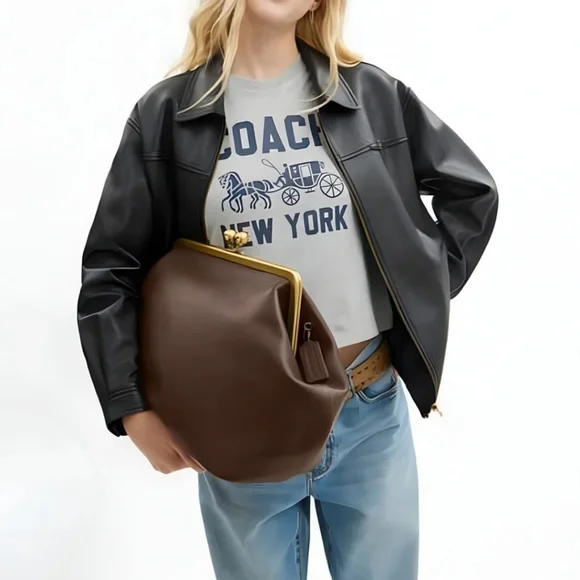 COACH Large Oversized Kisslock Frame Shoulder Bag Clutch Bag Brown - Picture 3 of 11